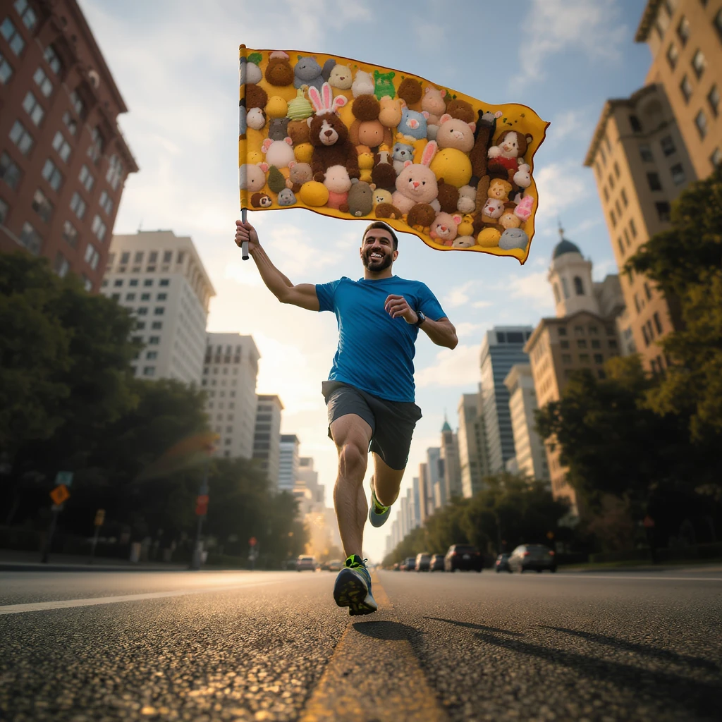 happy runner waving a flag of animals emoji