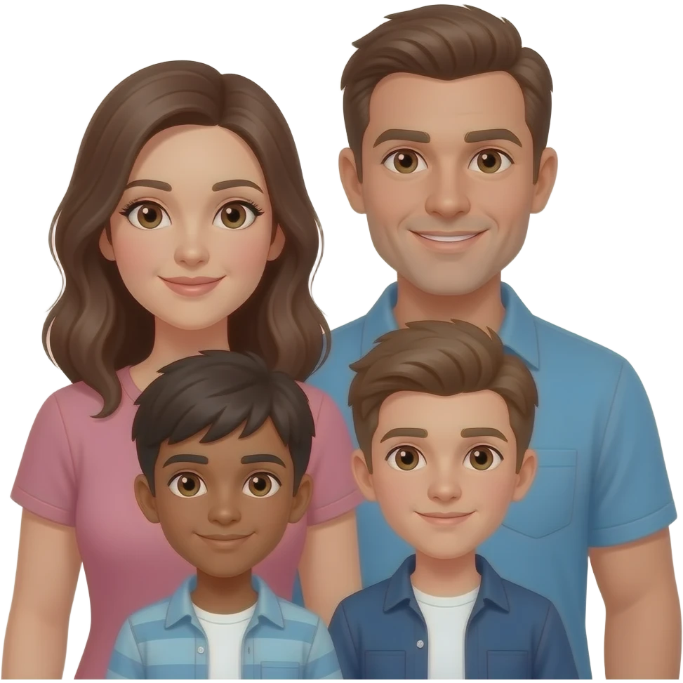 Family emoji of brunette mom, dad and 2 teen boys, all with brown eyes and olive skin emoji
