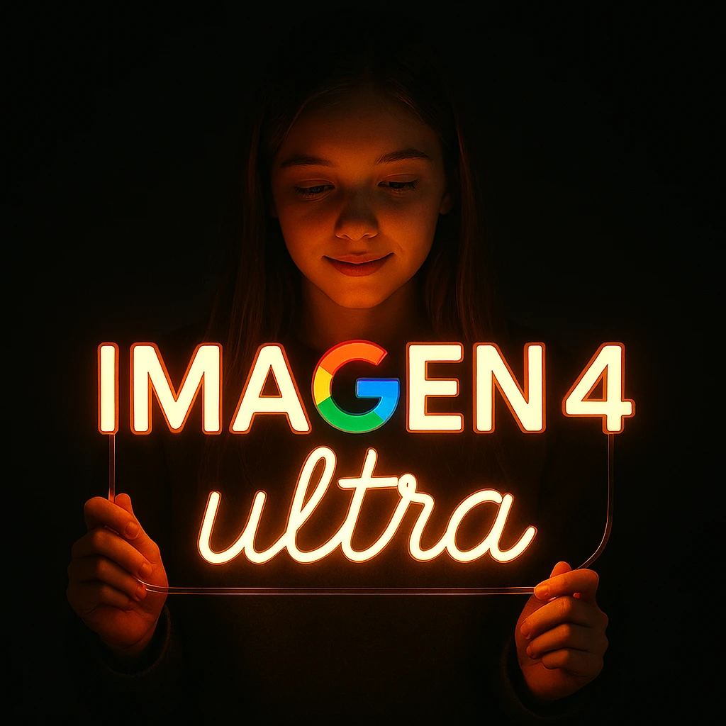 make a girl holding this sign, but sign in made of neon, also add ultra below the sign emoji