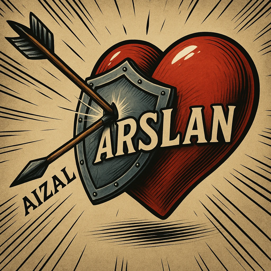 Add the name 'Aizal' written clearly and legibly on the arrow and the name 'ARSLAN' written clearly and legibly on the heart, keeping the same style and composition as the original image. The text should be readable and integrated naturally with the existing elements. emoji