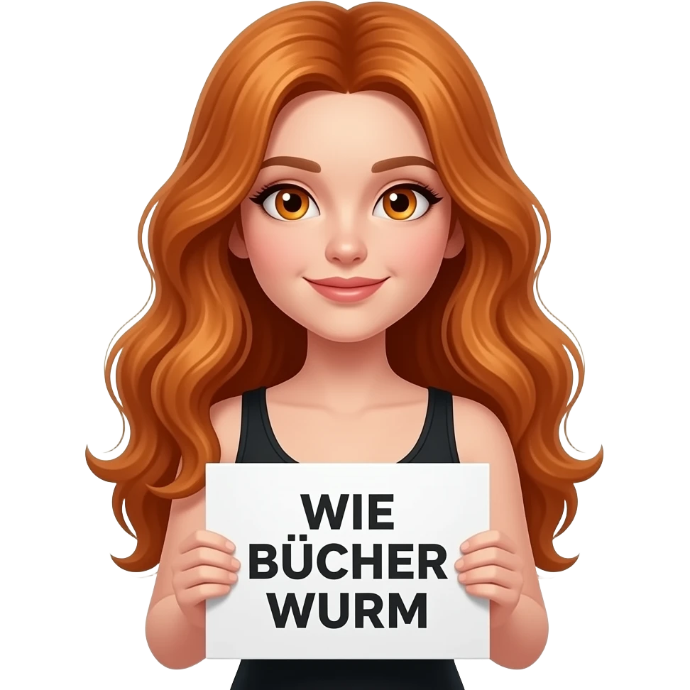 sexy girl with long wavy ginger hair and ginger eyes wearing a black tanktop is holding a white sign with WIE BÜCHER WURM written on it emoji