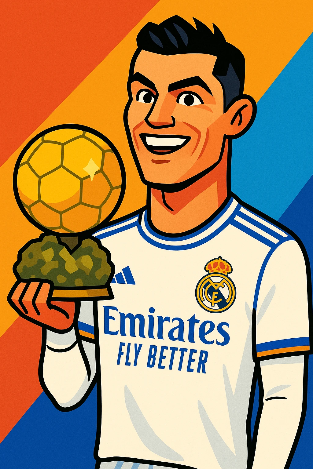 Cristiano Ronaldo in Real Madrid soccer uniform holding the Golden Ball trophy emoji