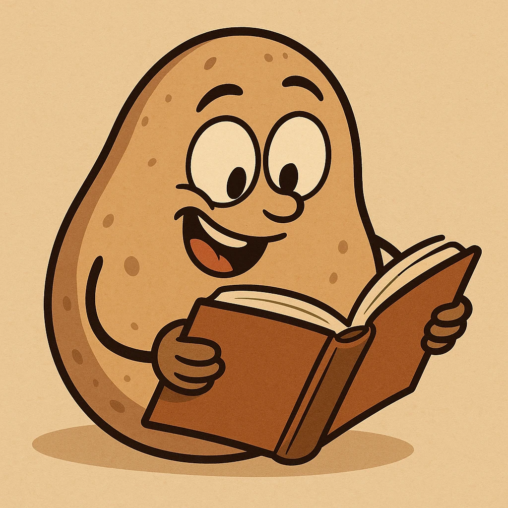 a playful potato reading a book, cartoon style, playful expression emoji
