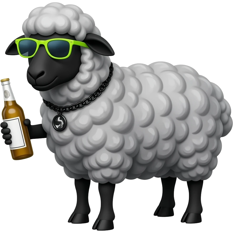 Black Sheep wearing neon sunglasses, necklace and holding a bottle emoji
