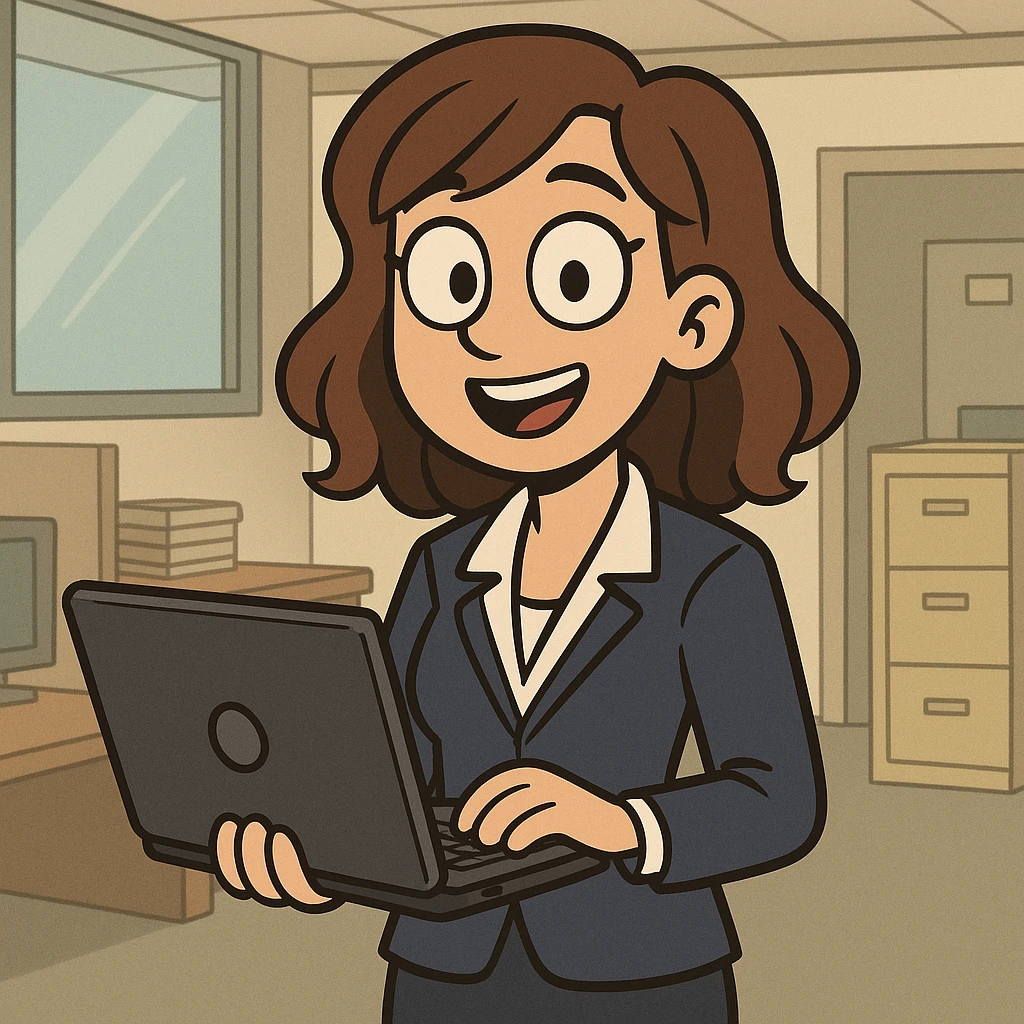 corporate girl, medium length straight wavy hair, cartoon style, holding a laptop, smiling, office background emoji