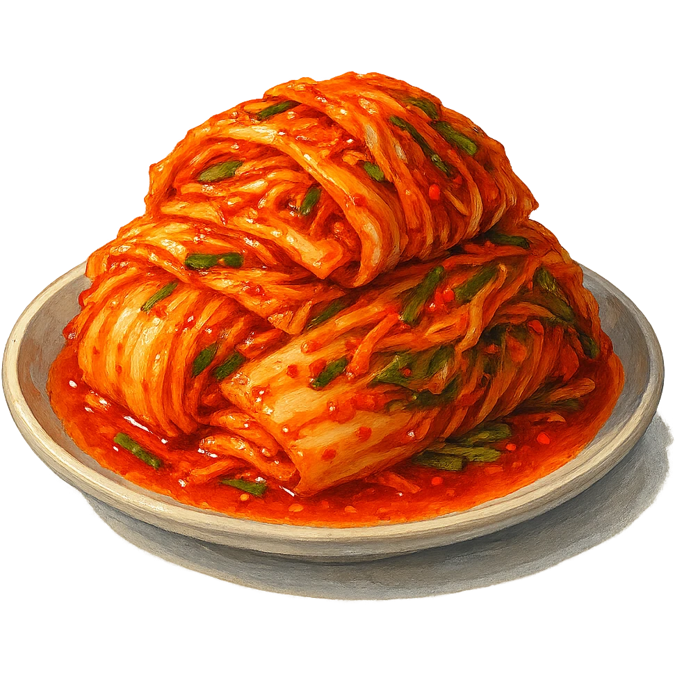 В слега рисованном, но при этом ярком и объемном стиле сгенерируй картинку сочного корейского кимчи, профессионально выставленный свет, который подчеркивает объем, прозрачный фон emoji