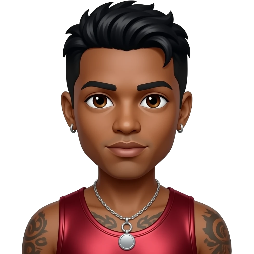 J-Boog from B2K with dark brown eyes, black hair, deep red metallic tank top, necklace and earrings emoji