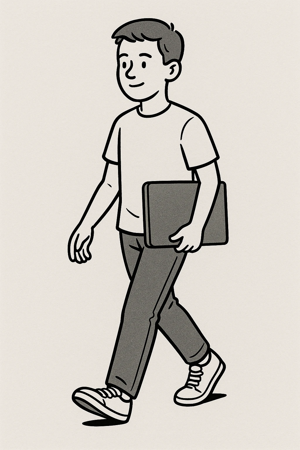 white teenage boy student, short hair, wearing a t-shirt and sneakers, carrying a laptop, simple background emoji