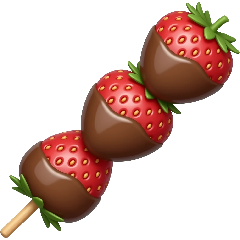 cute chocolate dipped strawberry skewer with three strawberries, kawaii emoji style, natural glossy chocolate coating, simple icon emoji
