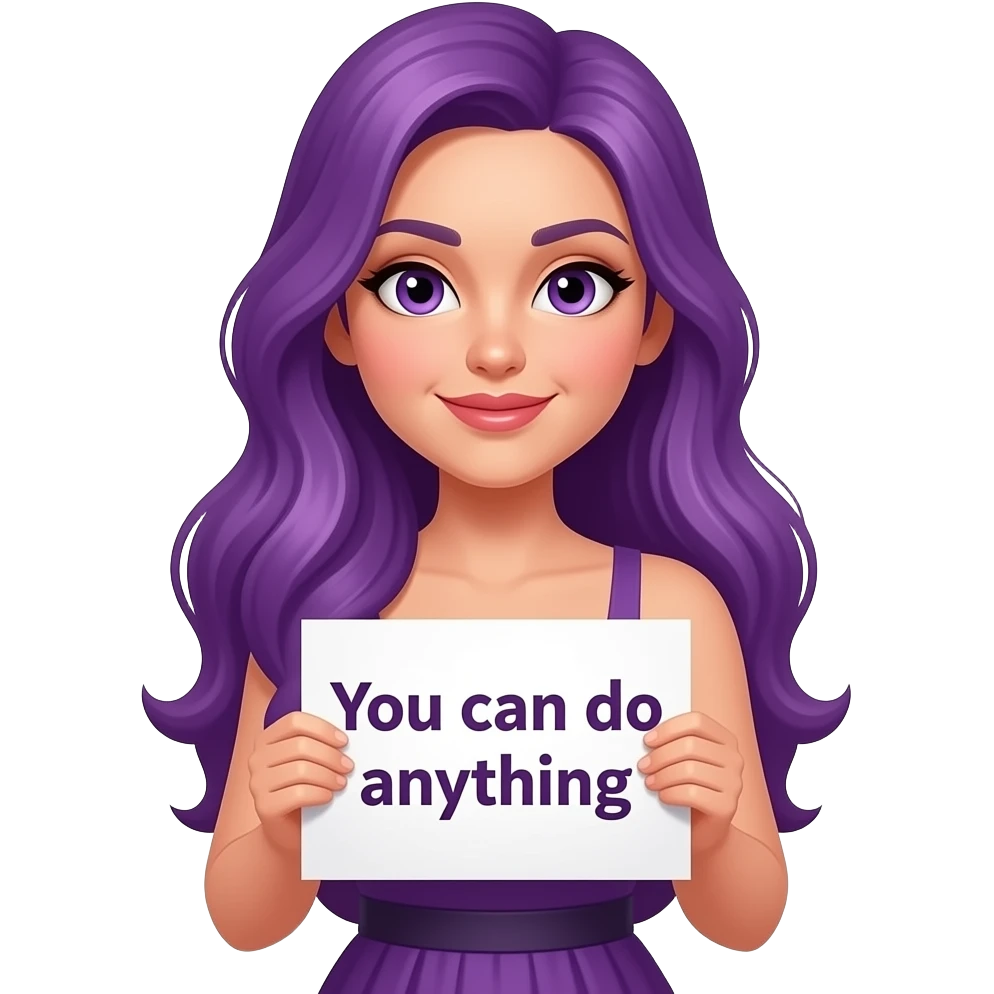 sexy girl with long purple hair and purple eyes wearing a dress holding a GIRL! You can do anyything sign emoji