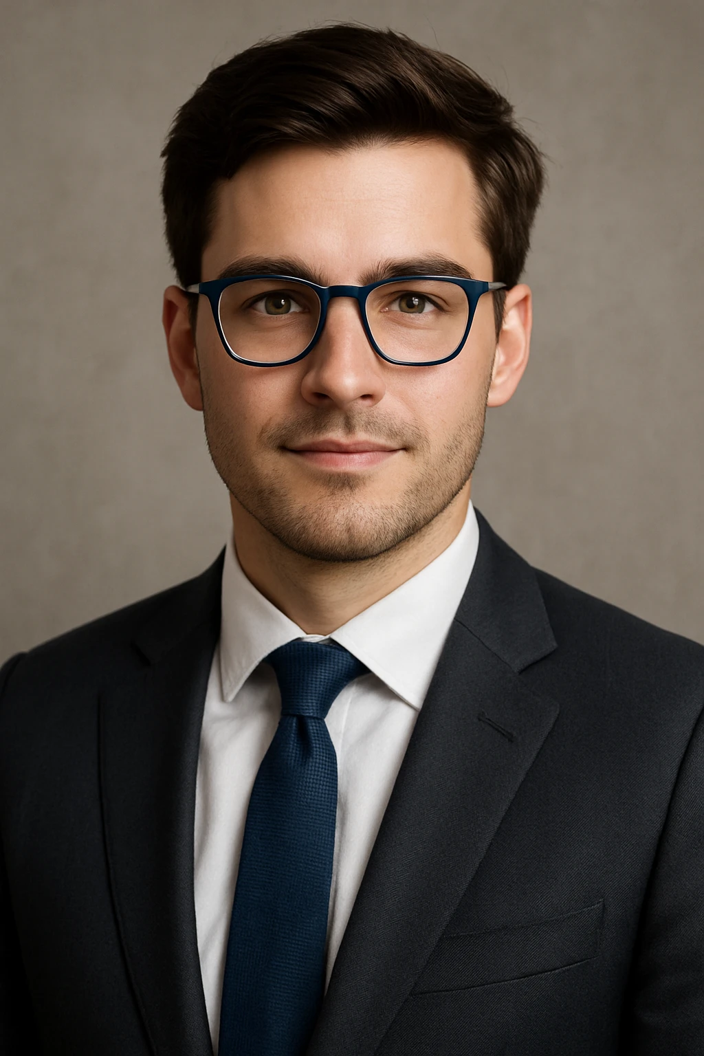 portrait of a young white man with brown hair, wearing blue-framed glasses and a business suit, confident and trustworthy expression emoji