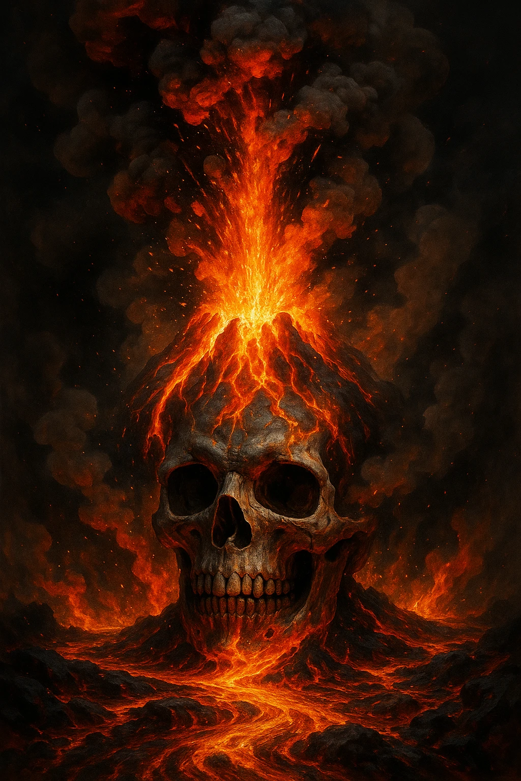 skull head with volcanic eruption, smoke and lava bursting out, intense and dynamic, fiery volcanic explosion, dramatic smoke and ash emoji