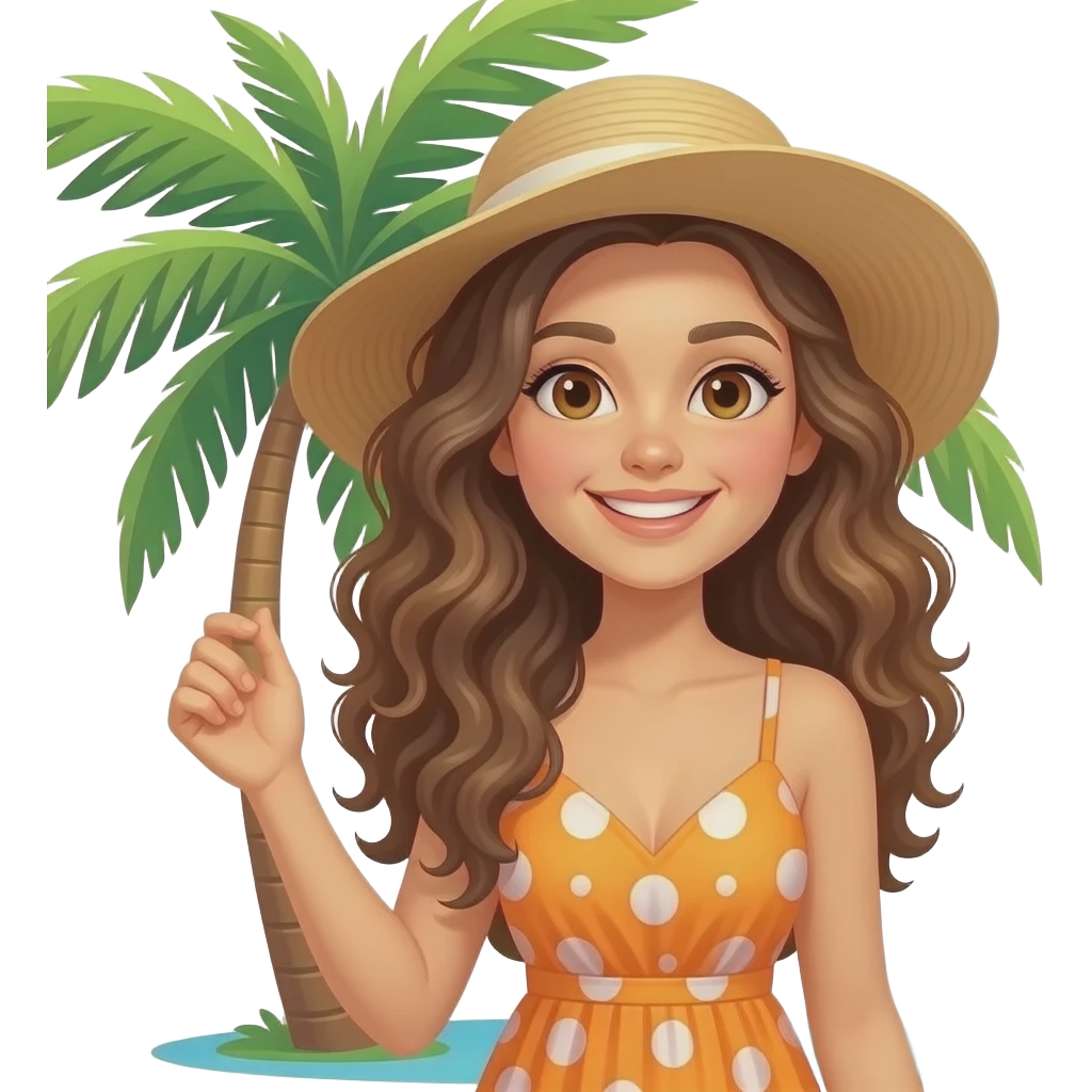 white girl with brown eyes and long curly hair on vacation emoji
