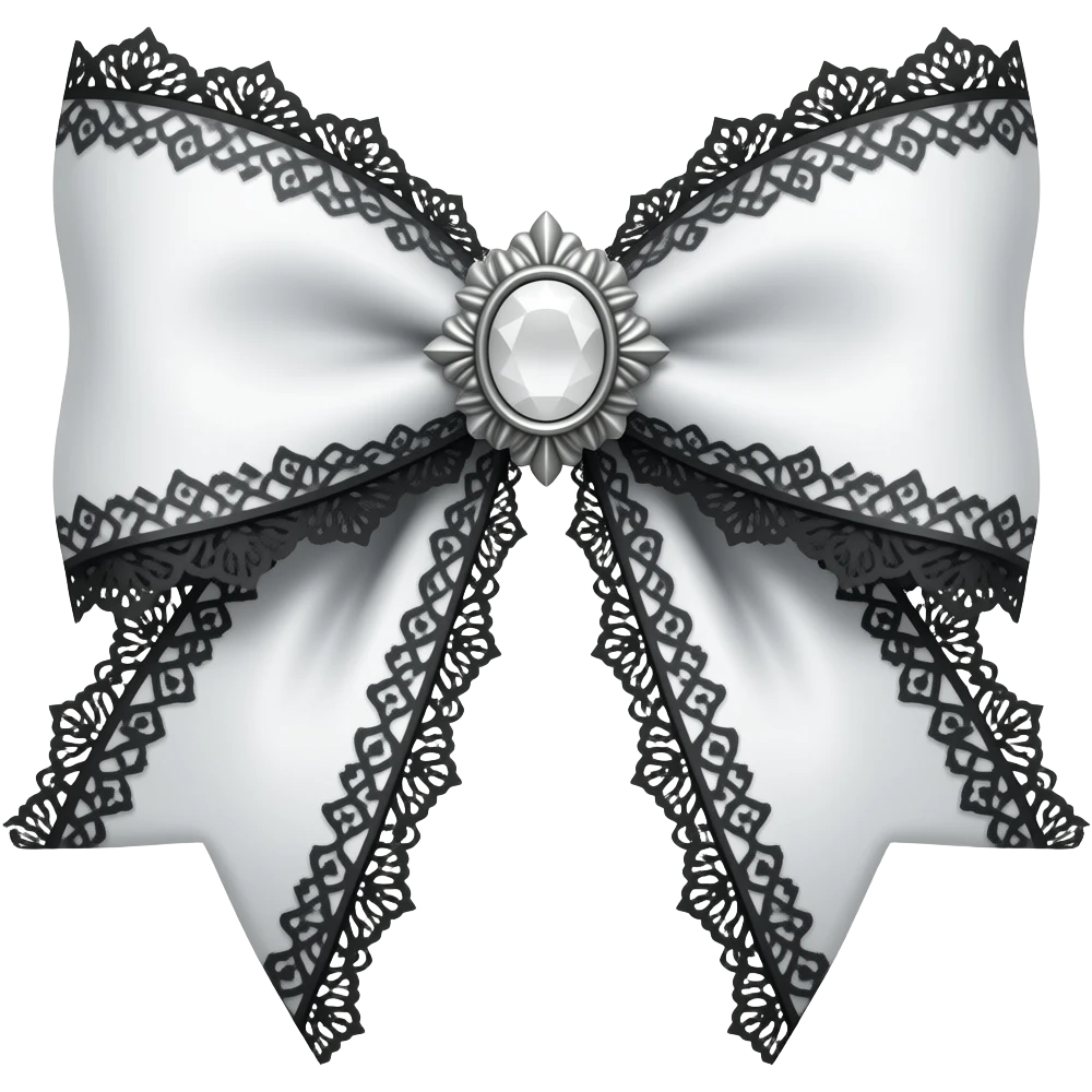 3D emoji gothic bow, white velvet, silver filigree, black lace trim, white gem, elegant emoji