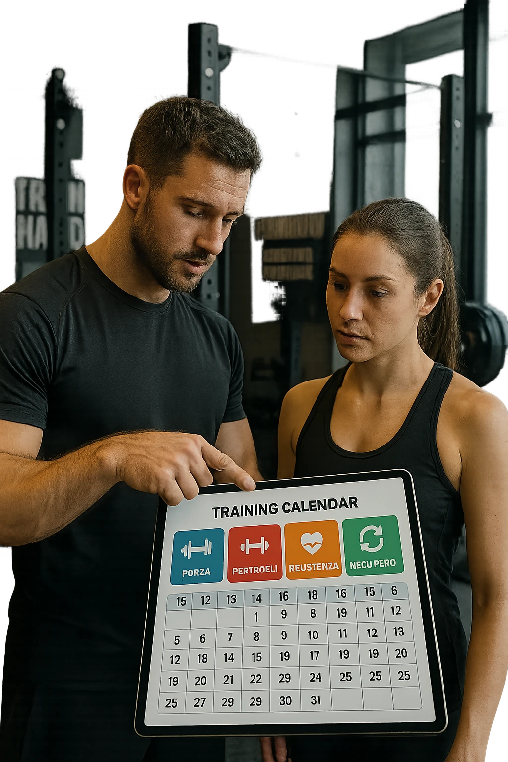 realistic cinematic photo a personal trainer and a client stand in a modern gym, reviewing a large, color-coded training calendar or chart on a tablet. The calendar shows different phases (Forza, Ipertrofia, Resistenza, Recupero) with icons and dates. Around them, gym equipment and motivational posters reinforce the idea of structured, periodized training. in italiano emoji