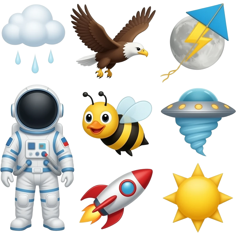 Astronaut, balloon, cloud, duck, eagle, fly (verb), glider, helicopter, ice (cloud), jet, kite, lightning, moon, Neptune, owl, plane, queen bee, rocket, star, tornado, ufo, Venus, wind, x-rays, yellow (sun), and zigzag emoji