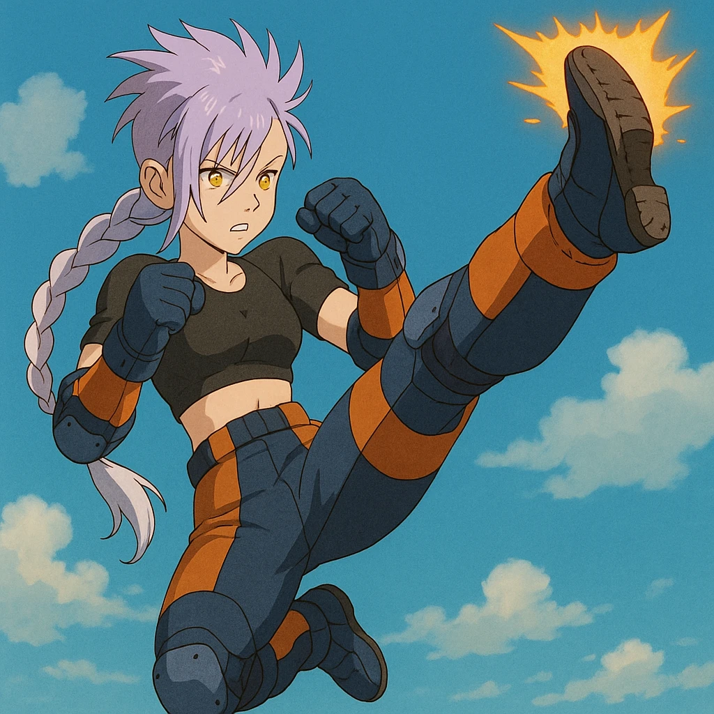 maiden, mohawk, long braid white hair with lavender and tips long messy bangs one side, gold yellow eyes, black crop top, with both fighting gloves up in defensive ready pose, delivering a lightning quick vertical upwards front kick with volcanic force, full defensive padding, TCTF operative, orange and dark dark blue + gray attire. jumping swing falcon kick, perfect posture emoji