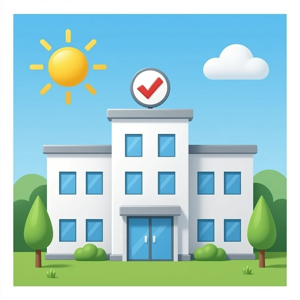 Emoji de un hospital de fondo y un tick encima emoji