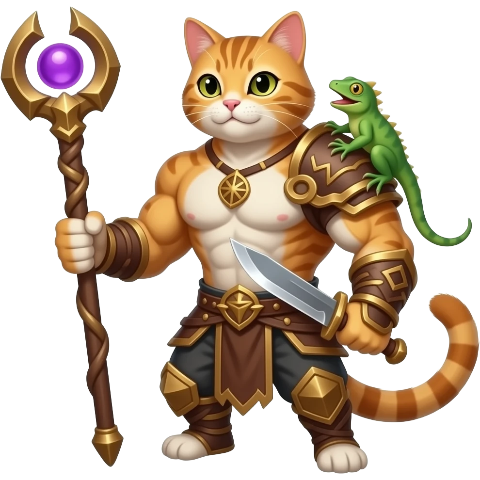 Bir kedi ve elinde asası sırtında ise lazerkeri olsunkertenkele digli lazer olmasın çubugun elindebir yuvarlak olsun onun içi mor olsun kedi kaslı olsun diger elinde bıçak olsun emoji