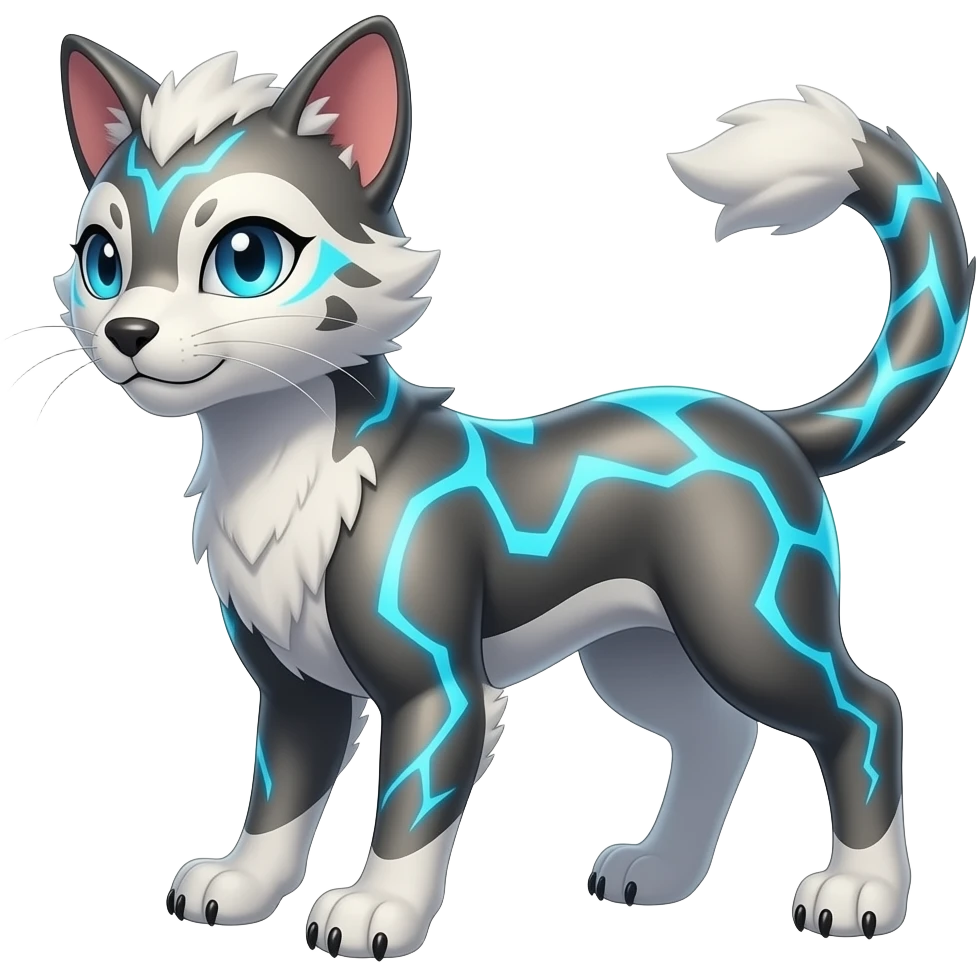Digitigrade elemental realistic pretty elegant sleek shiny patterned quadrupedal Randomly patterned Shinx-Liepard-Houndour-Arcanine-Electrike-Fakémon-Digimon-animal-hybrid, full body, short fluffy tuft nub-tail emoji