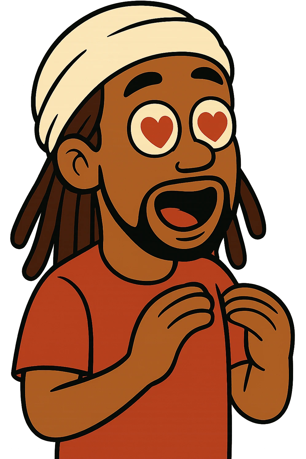 Brownskin man with long brown dreadlocks 
red t-shirt 
white turban 
expression is in love 
his eyes mouth open  emoji