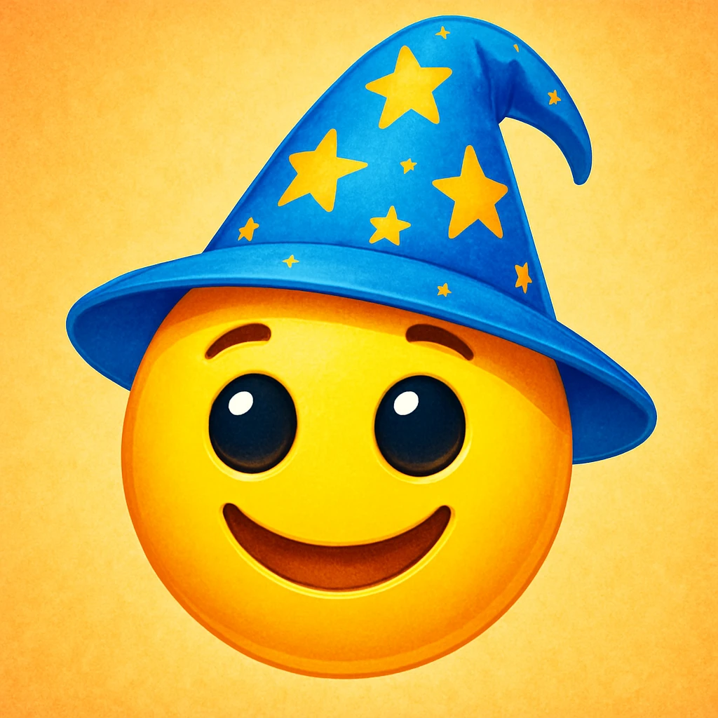 yellow face with blue wizard hat and stars emoji, digital illustration emoji