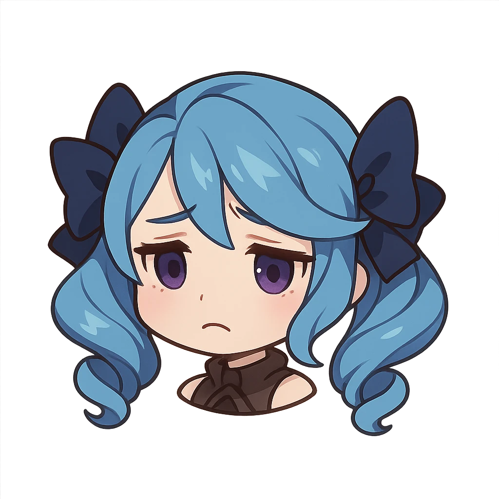 Gwen from League of Legends, chibi style, just the head, right eye purple, sad expression emoji