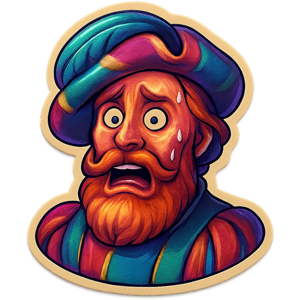 Red-bearded Landsknecht bust showing fear, flat lightning emoji