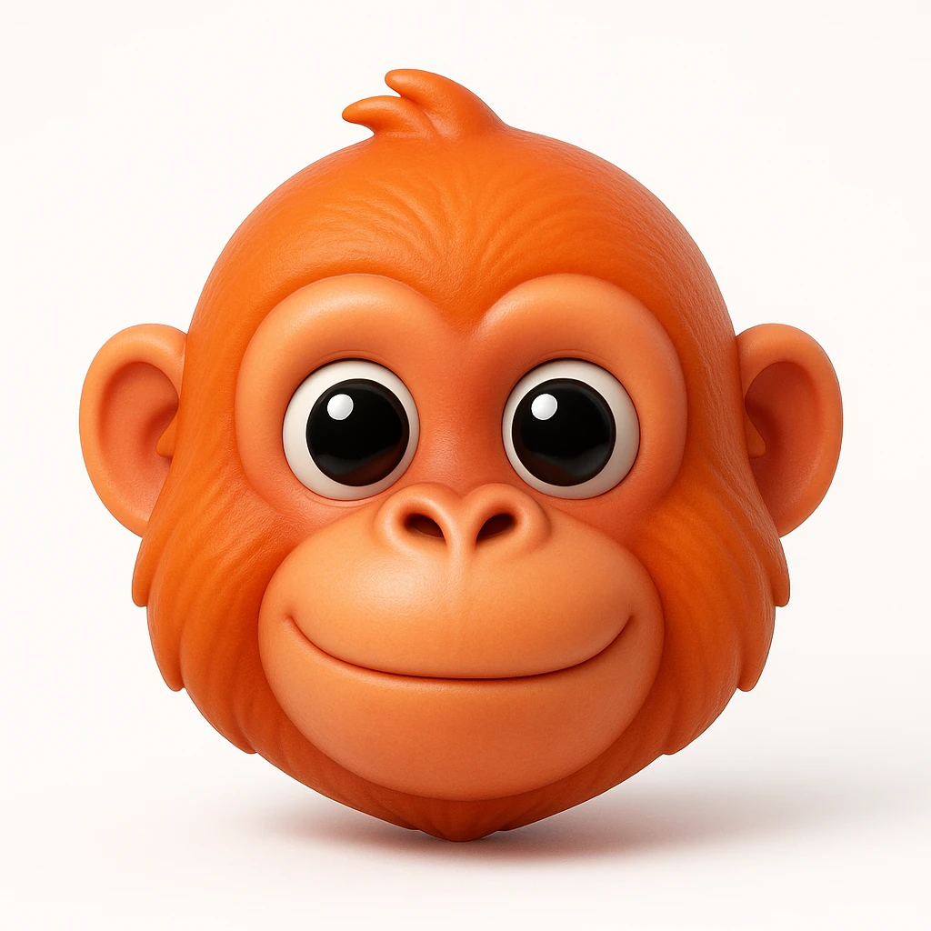 3D rendered emoji-style illustration, glossy plastic-like materials, soft ambient occlusion, rounded forms, high-detail textures, clean white background, Apple emoji aesthetic, subsurface scattering on skin, vibrant saturated colors, cute proportions with large expressive eyes, studio lighting with soft shadows, orangoutang  emoji
