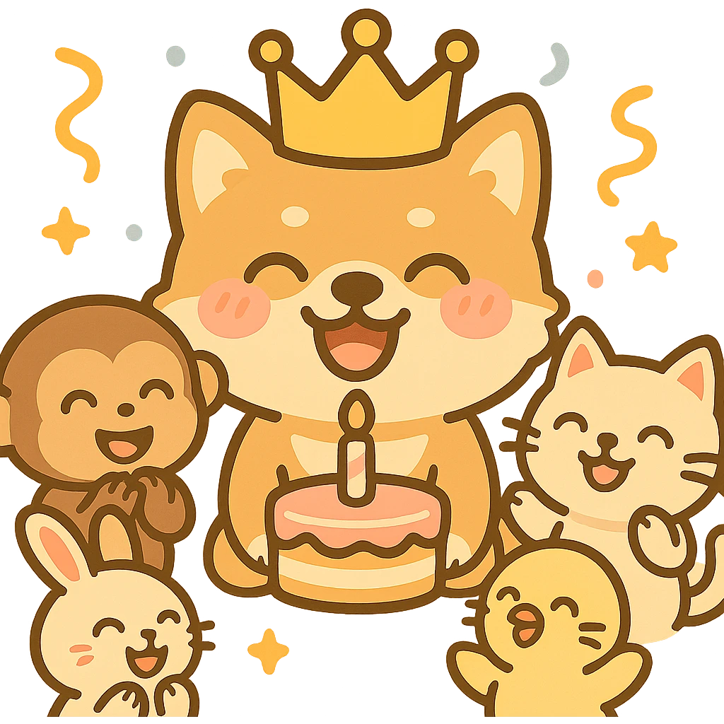Add party guests around the dog, keeping the chibi sticker style, festive and cheerful, with no background. emoji