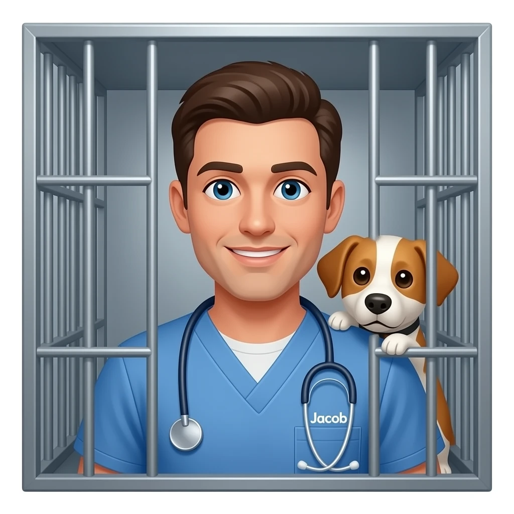Man named Jacob wearing a vet tech uniform Locked in a dog kennel emoji