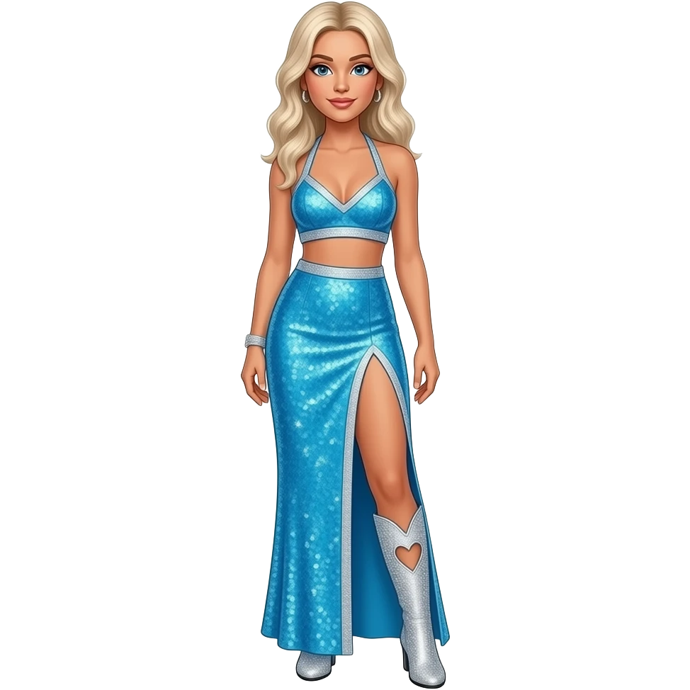 Sabrina Carpenter platinum blonde hair wears a vibrant light blue sequined two-piece set featuring a halter-style crop top with a pointed hem and a matching floor length skirt (no slit) . Both pieces are edged in silver glitter trim. Silvery glittery rhinestone boots with heart cut out at side emoji