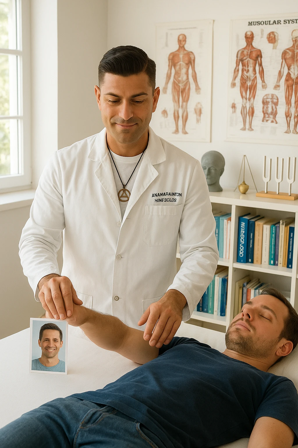 a middle-aged man, dressed in casual professional attire, is in a bright, organized therapy studio. Durante una visita di kinesiologia, il praticante tiene con una mano la foto di una persona lontana (il “testimone”) appoggiata su un tavolo, mentre con l’altra mano esegue un test muscolare su un cliente presente. Sullo sfondo si vedono libri di kinesiologia, poster anatomici e strumenti tipici della disciplina. L’atmosfera è concentrata e serena, con luce naturale che entra dalla finestra, sottolineando l’aspetto alternativo e umano della pratica. emoji