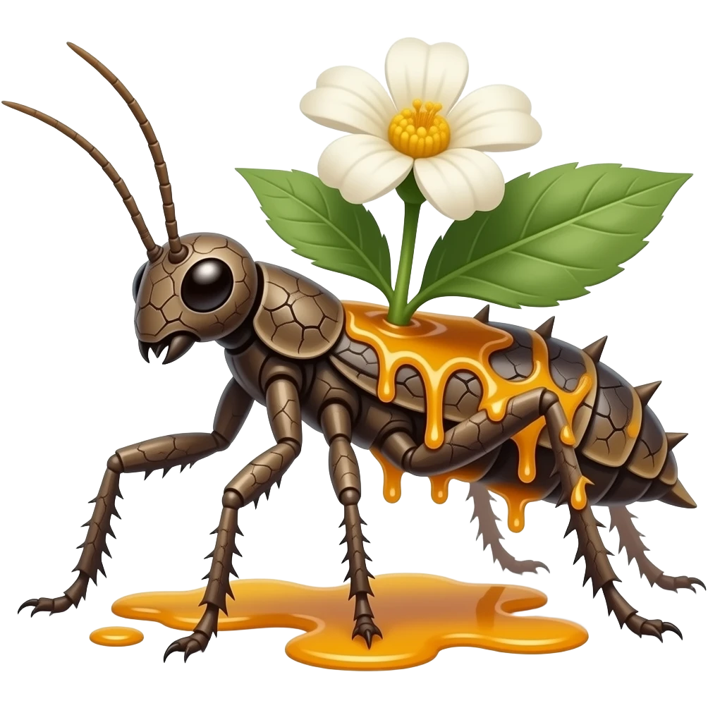 Saprawl A slow forest Walkingsticks crawler with sticky amber sap running through cracks in its bark-like body. it's made of bark but has one blooming on its back, it has spikes and runs fast with all its limbs. It's full of leave markings, and looks like a Walkingstick insect with a bark body. emoji