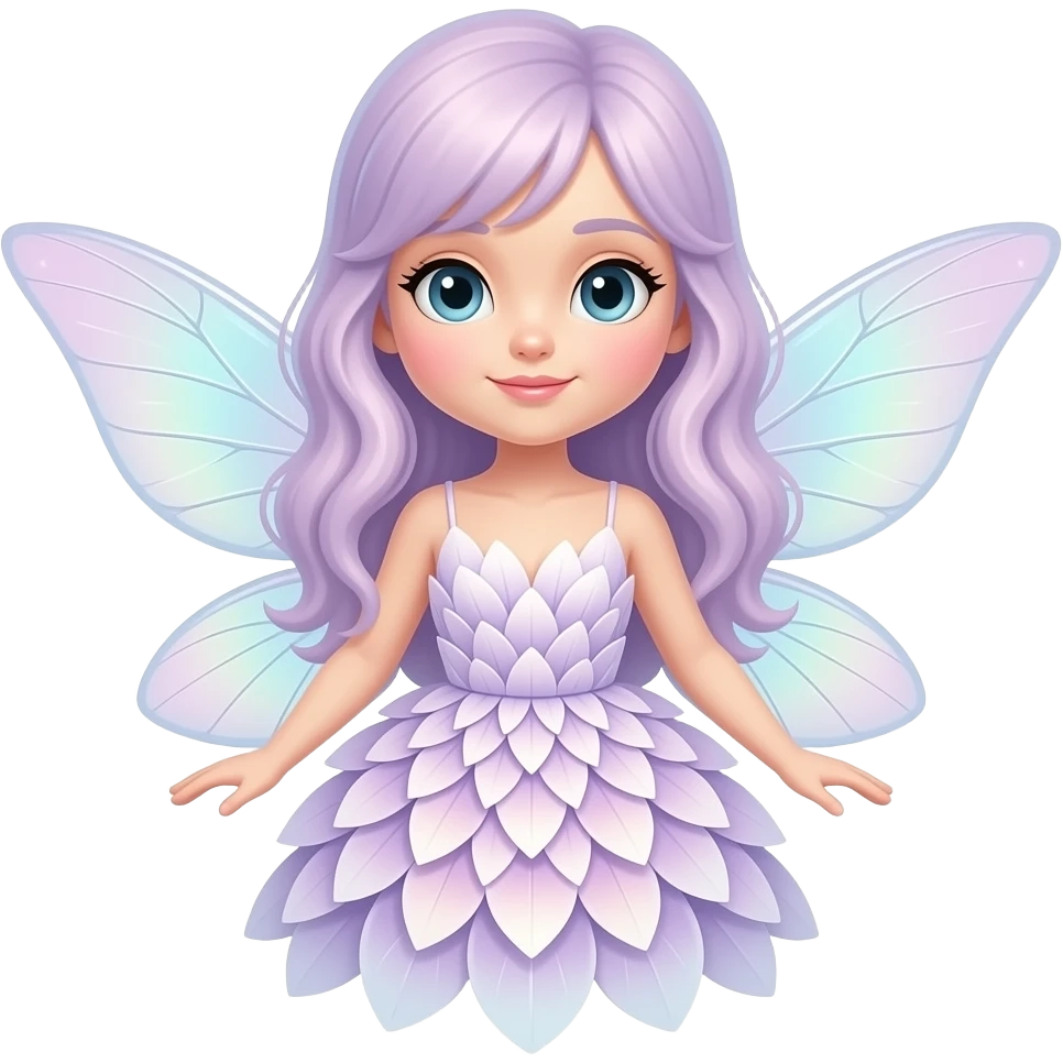 A cute elegant garden fairy with soft pastel hair, a flowing petal dress, delicate translucent wings, rosy cheeks, and a gentle magical glow. emoji