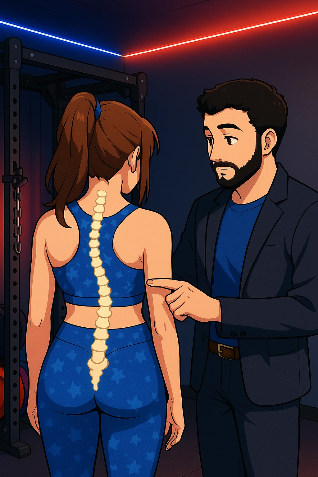 ispirati a questo stile di disegno e fai questa immagine in versione manga/webtoon a colori, il manga mostra la donna di spalle, mentre l'uomo le tocca la spina dorsale per spiegarle come funziona la scoliosi:
Con una scoliosi il baricentro corporeo cade maggiormente da un lato; per non cadere la schiena compensa accumulando tensione sul fianco opposto.
Il risultato? Si inclina e ruota sempre più, fino a che non cede (discopatie, artrosi, ecc) emoji