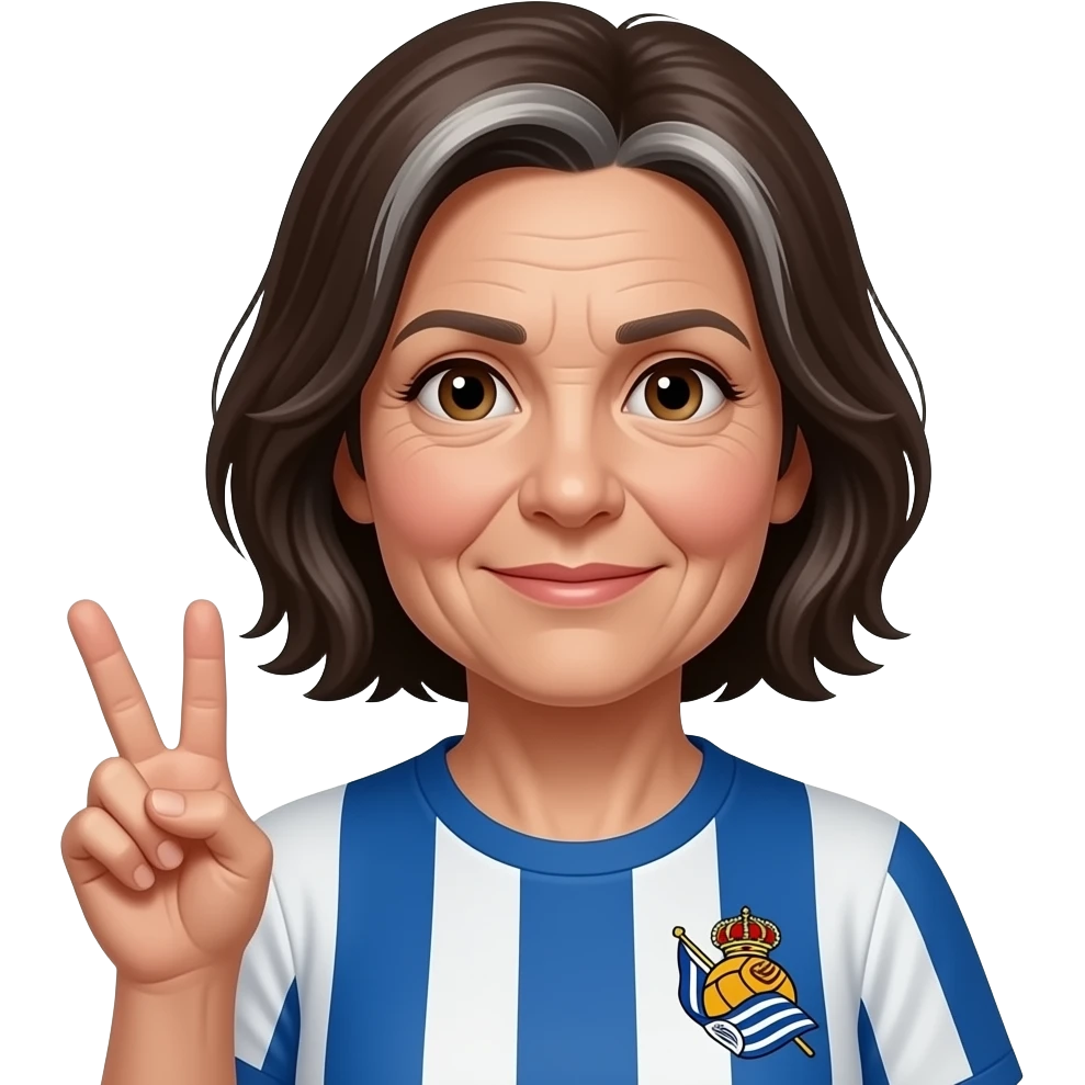 Modifica y pona un poco más joven o menos marcadas las canas. Mujer 50 años, pelo castaño oscuro con ligeras canas difusas y homogéneas (no mechones, no zonas blancas concentradas), corto, raya al centro, algo alborotado. Arrugas leves. Camiseta Real Sociedad. Mano en V. emoji