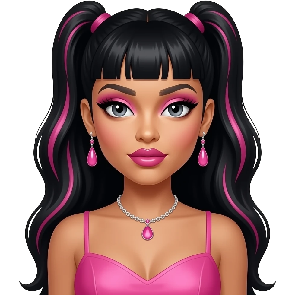 Nicki Minaj with dark grey eyes, long black hair with pink highlights, pink eyeshadow, hot pink lipstick, pink dress, pink necklace and earrings emoji