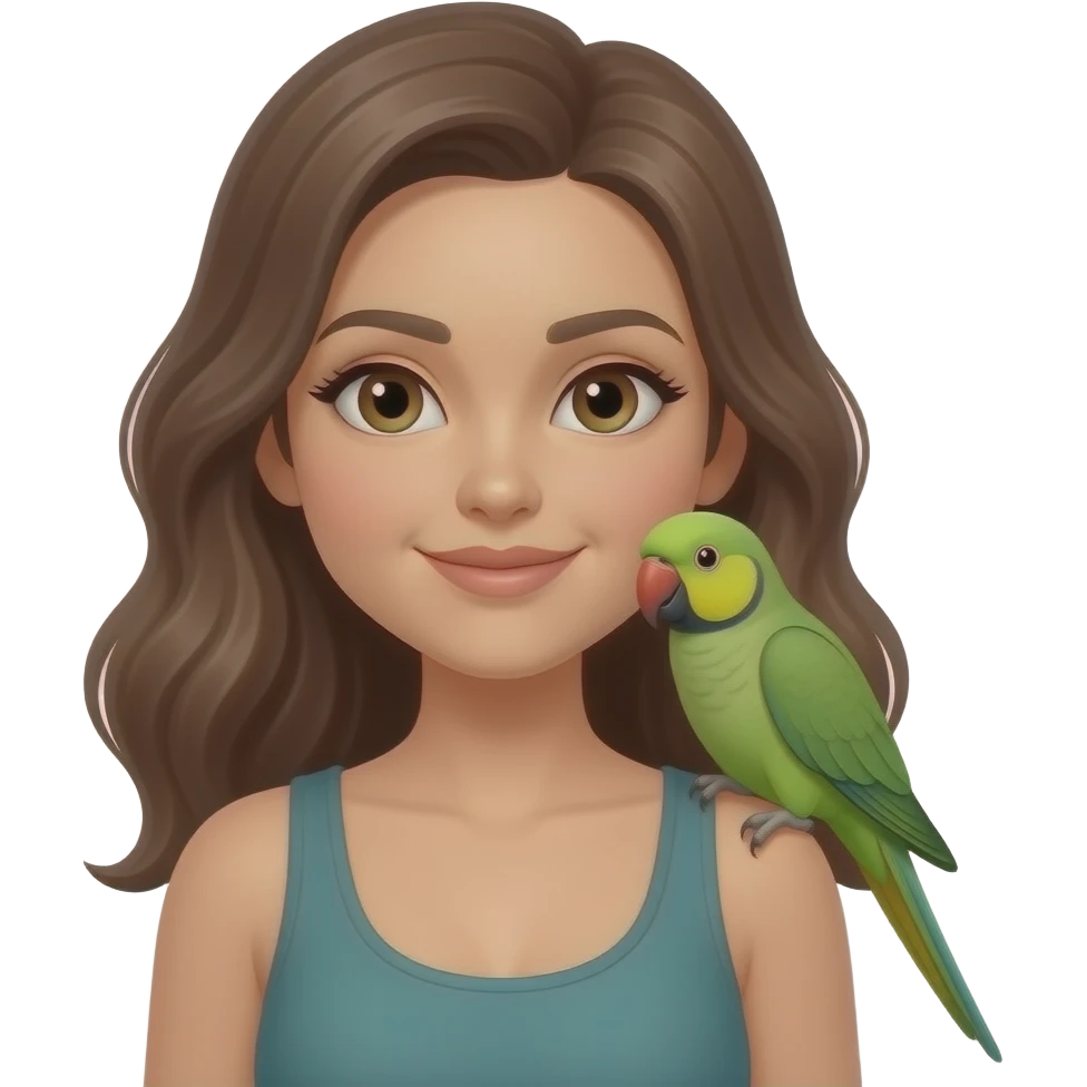 green indian ring neck parrot on a brown haired womans shoulder emoji