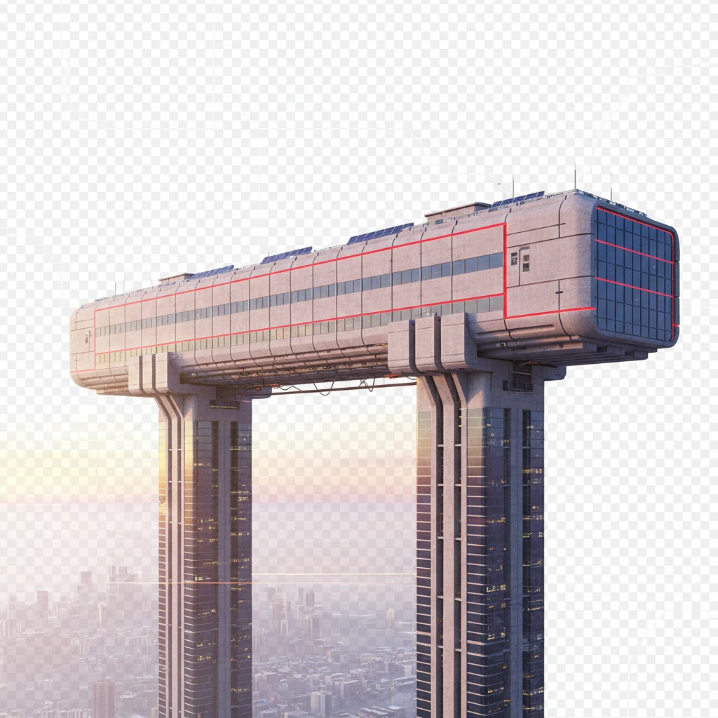 Удлиненная панелька в стиле, если бы ее строили в позднем СССР в 2025 году. Стоит на двух высоких небоскребах, которые как опоры держат ее на себе.

Фотореализм. Абсолютно прозрачный фон emoji
