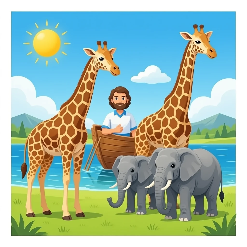 Noah’s Ark with Noah and two giraffes and two  elephants emoji