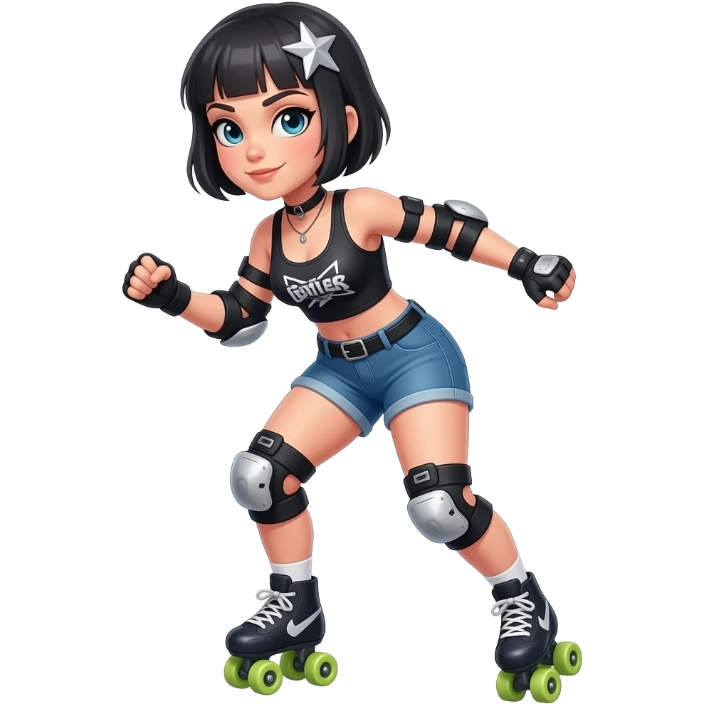 Rollerderby jammer. And in skate style. Like cool and hip (a feminine person with short hair). And more in action. And with the star on the head. emoji
