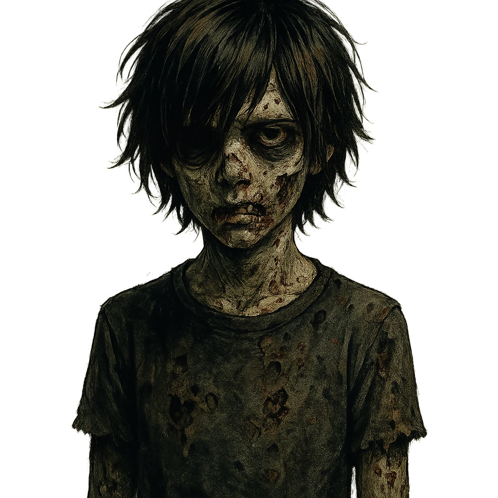 creepy boy zombie, medium-long shaggy hair in black and brown, emo, dark and haunting expression emoji