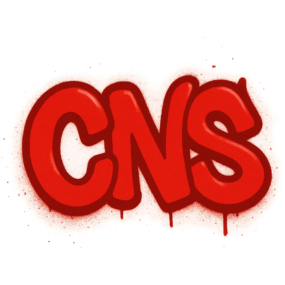 Сделай красное граффити с надписью "CNS" в стиле emoji iOS без фона emoji