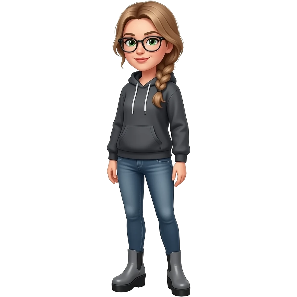 girl in her 30s, dirty blonde/brown hair, side part, messy low side braid, green eyes with glasses dark grey hoodie, gunmetal gray fitted jeans, charcoal platform wedge boot, standing emoji