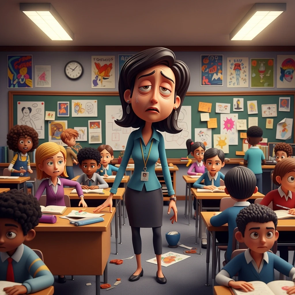 3d cartoon art of a exhausted teacher in a bustling classroom emoji