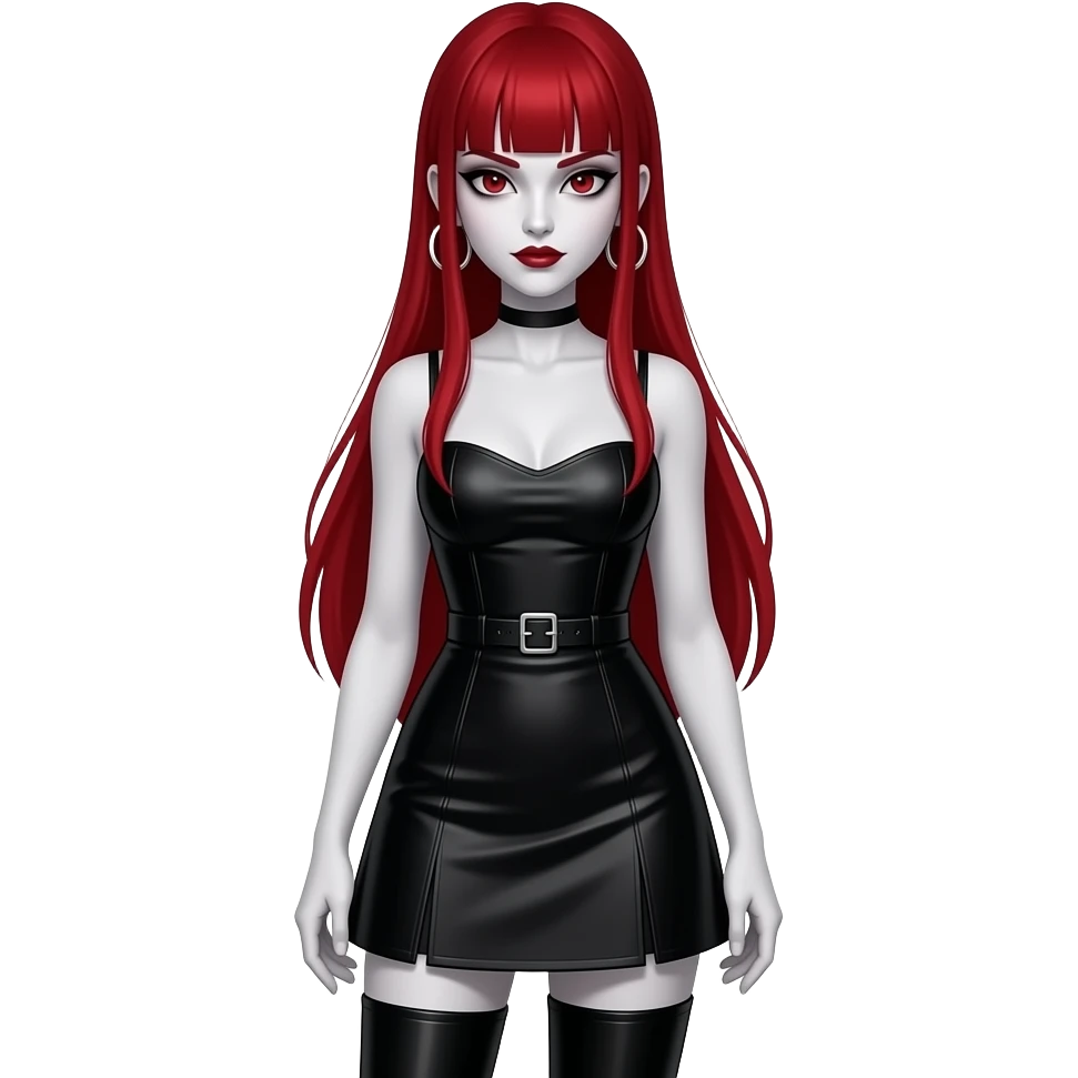 Vampiro femmina con pelle bianca capelli lunghi  rossi dritti e la frangetta che indossa un abito stretto in vita e largo sotto che arriva alle ginocchia nero con anfibi lunghi, orecchini cerchi d'argento emoji