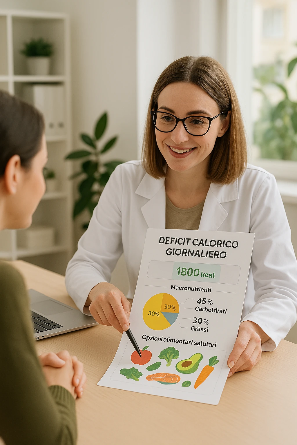 a nutritionist sits at a desk with a client, showing a personalized meal plan and a chart that clearly displays the client’s specific daily caloric deficit. The nutritionist points to the chart, which includes recommended calories, macronutrient breakdown, and healthy food options. The mood is professional, supportive, and educational. scritte in italiano emoji