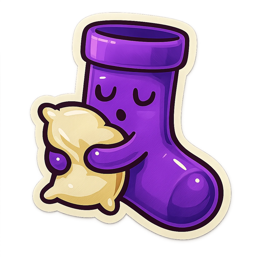 A purple sock with a sleeping face, holding a pillow, representing sleep or relaxation. emoji