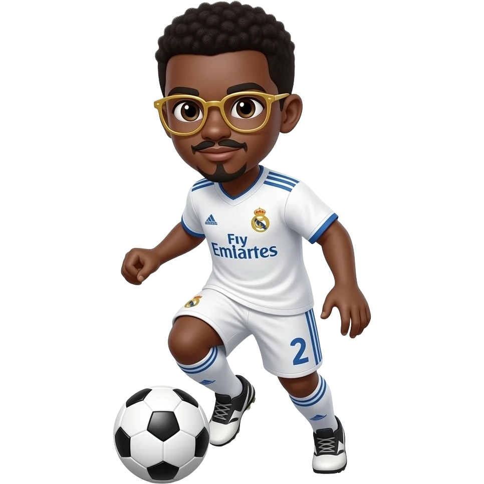 black boy with top black and botom gold glasses playing soccer with a madrid jersey and a little mustache and a goatee emoji